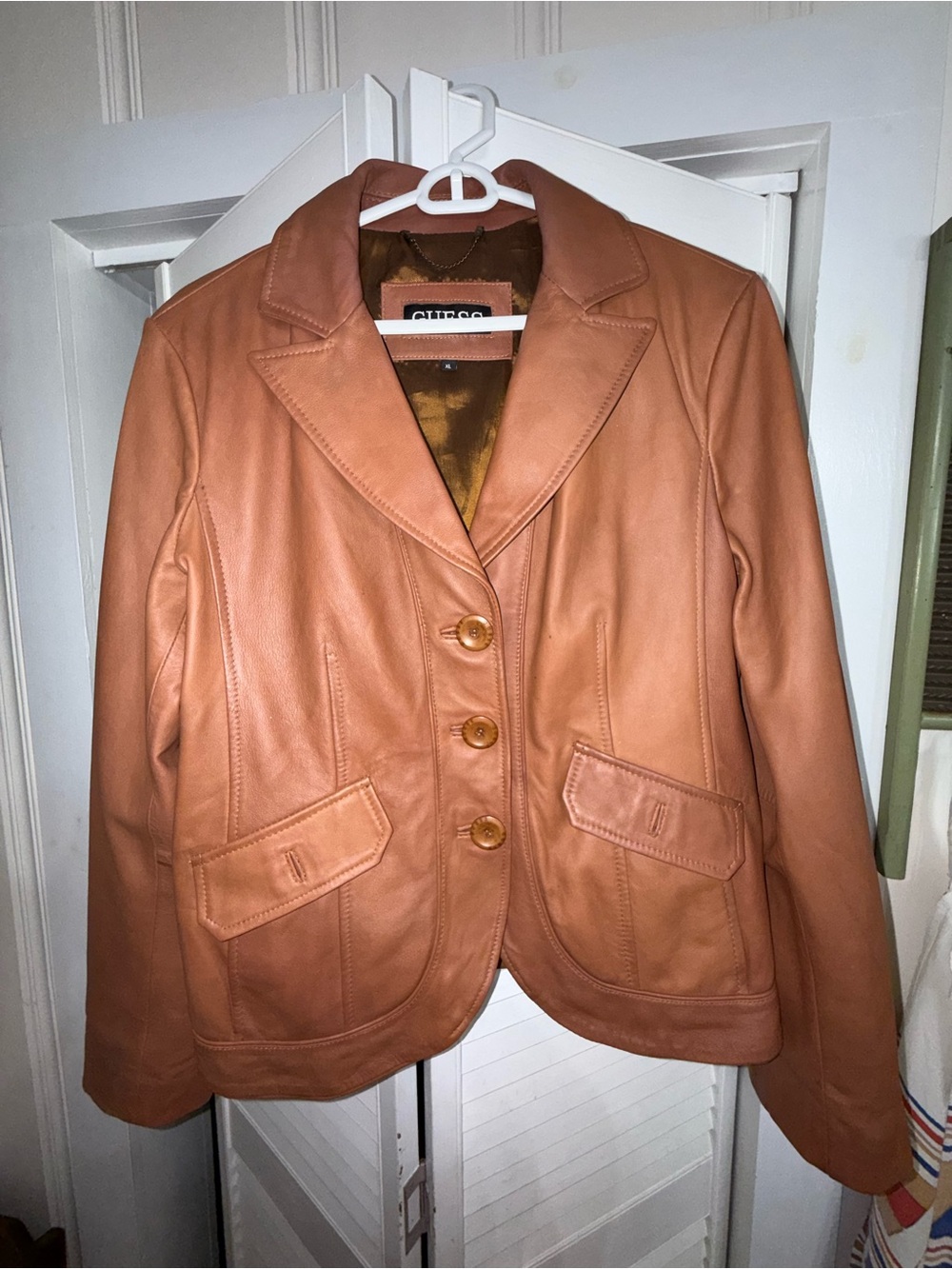 GUESS Women's Brown Leather Blazer Jacket - Tailored Three-Button Blazer